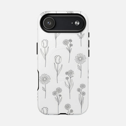 Floral Sketch Tough Magnetic Phone Case — Minimal Black Line Flower Design iPhone 17 Air Glossy Phone Case