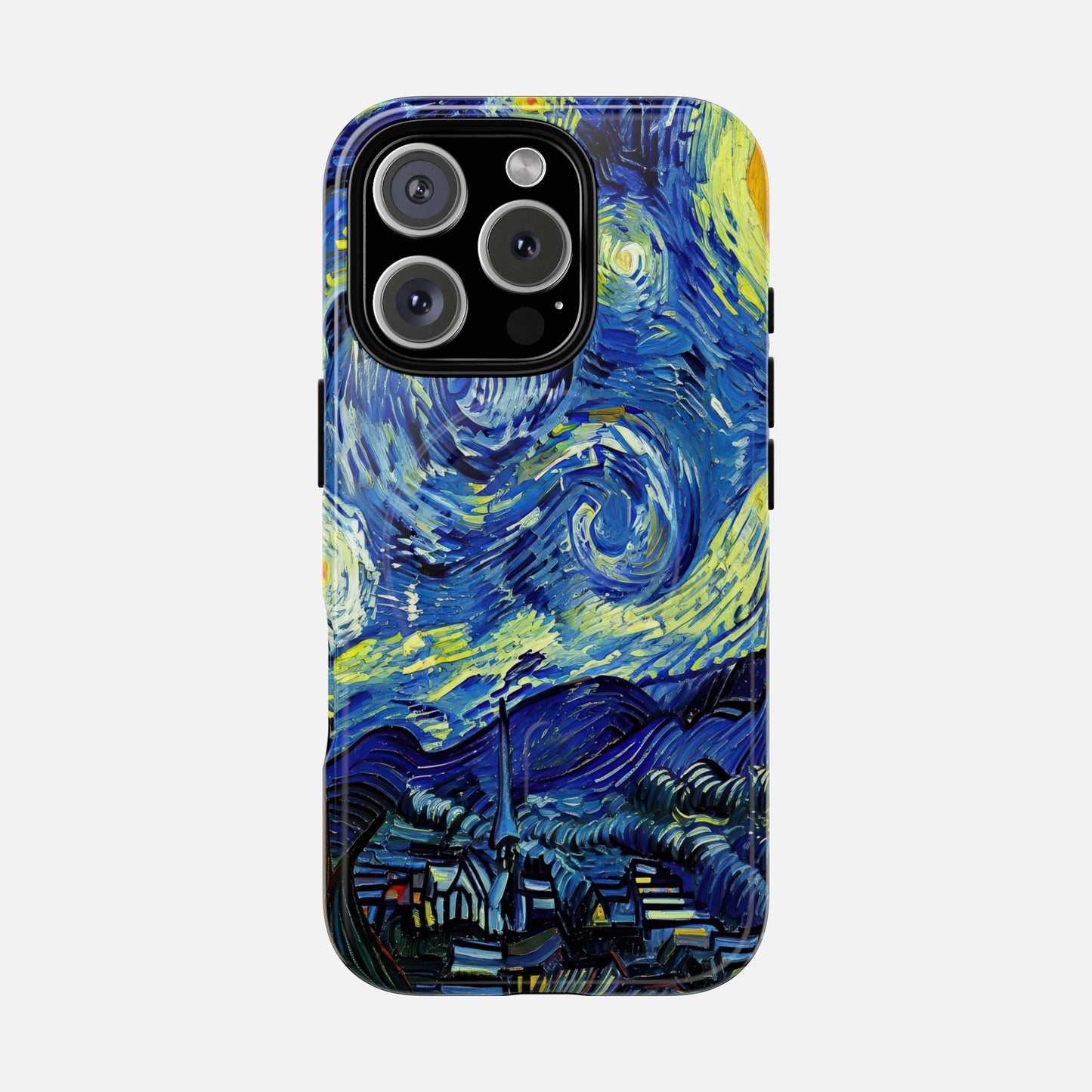 iPhone case with Van Gogh's Starry Night artwork, vibrant blue and yellow swirls, creative design