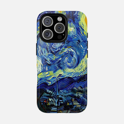 iPhone case with Van Gogh's Starry Night artwork, vibrant blue and yellow swirls, creative design