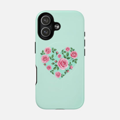 Floral Heart & Mint Rose iPhone Case — Tough Magnetic | MagSafe Compatible