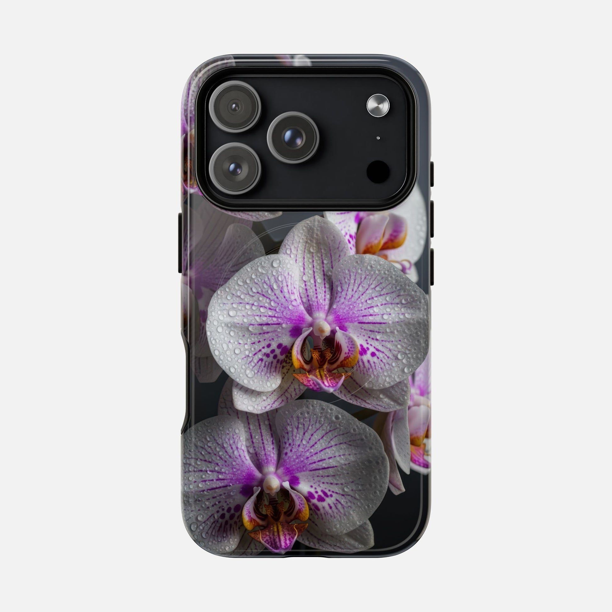 Orchid Bloom Tough Magnetic Phone Case — Waterdrop Floral Protection iPhone 17 Pro Glossy Phone Case