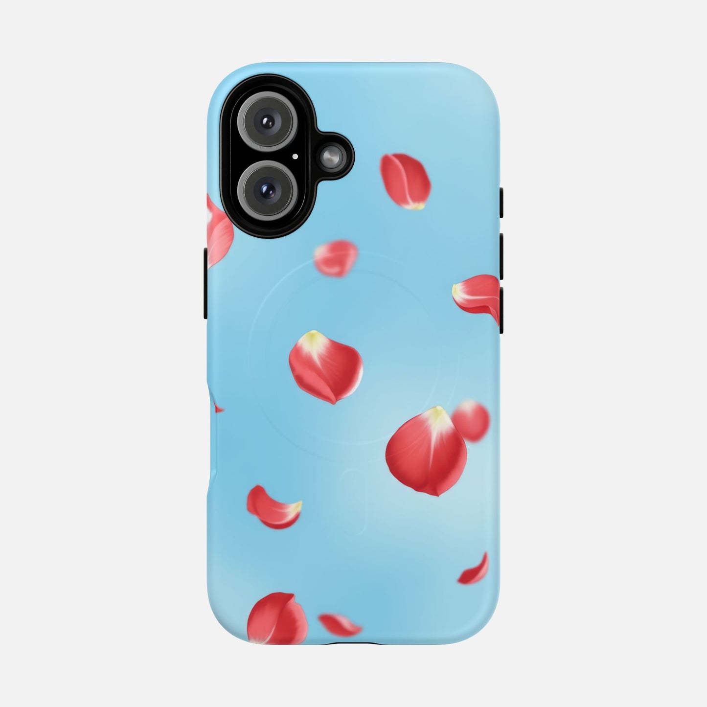 Light blue phone case with floating red rose petals, modern floral design for iPhone