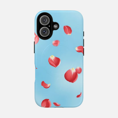 Light blue phone case with floating red rose petals, modern floral design for iPhone