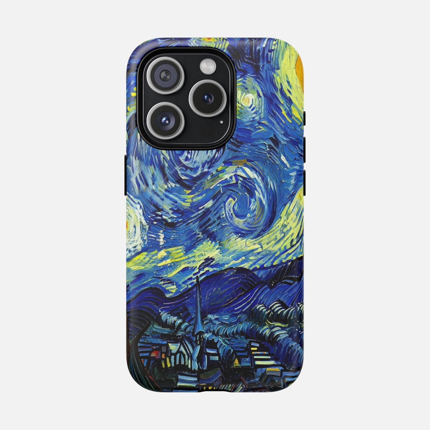 iPhone case with Van Gogh's Starry Night artwork, blue and yellow swirls, creative phone protection design