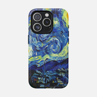 iPhone case with Van Gogh's Starry Night artwork, blue and yellow swirls, creative phone protection design
