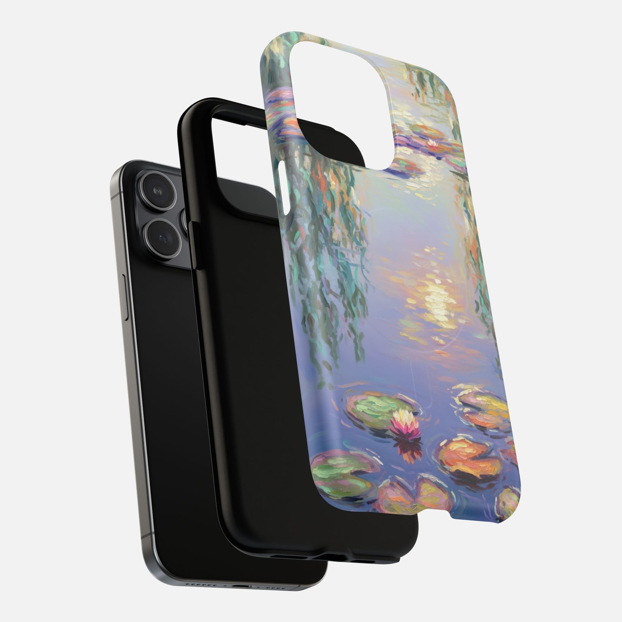 Water lily painting phone case with artistic design for iPhone, featuring vibrant colors and modern print