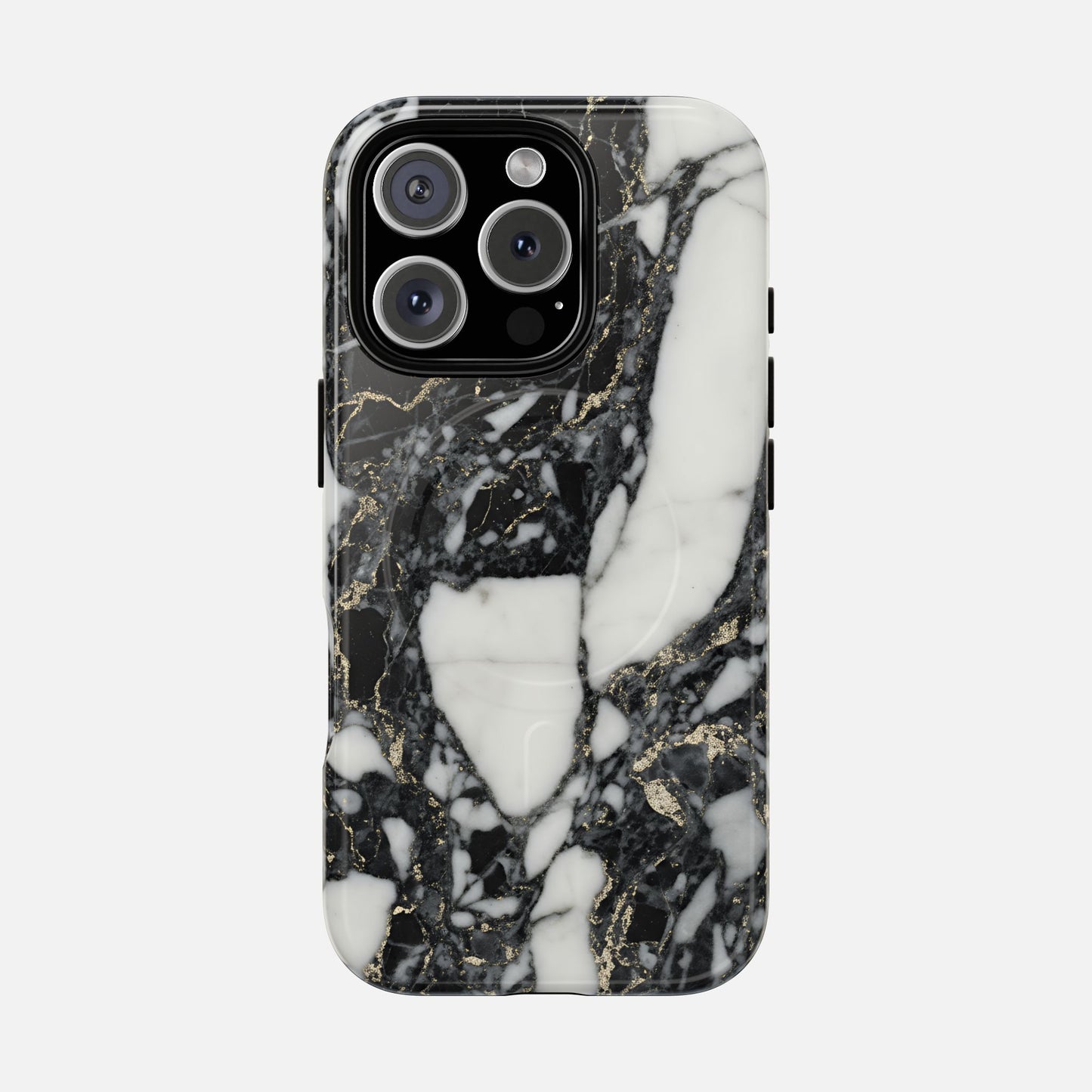 Black and white marble phone case with gold veins, modern design, camera cutout visible