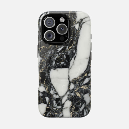 Black and white marble phone case with gold veins, modern design, camera cutout visible