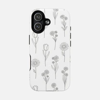 Floral Sketch Tough Magnetic Phone Case — Minimal Black Line Flower Design iPhone 17 Matte Phone Case