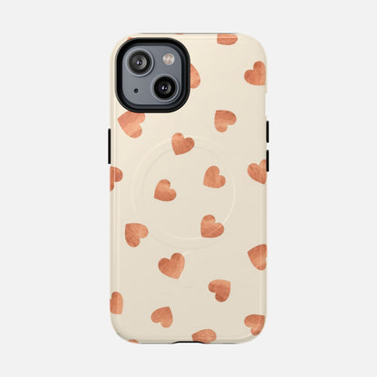 Heart Pattern Tough Magnetic Phone Case — Peach Watercolor Hearts, MagSafe Compatible iPhone 14 Glossy Phone Case