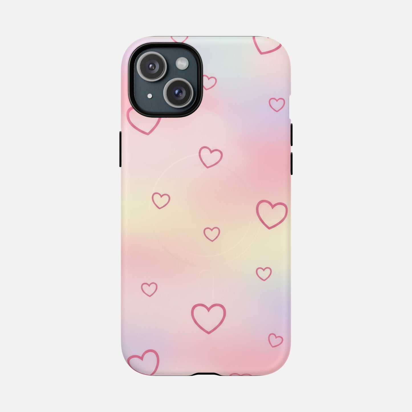 Pastel gradient phone case with pink heart outlines, stylish and protective design for iPhone