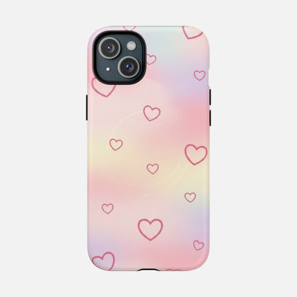 Pastel gradient phone case with pink heart outlines, stylish and protective design for iPhone