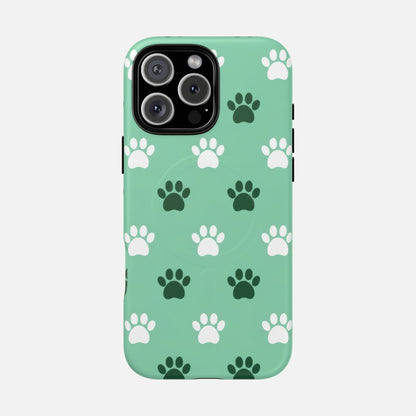 Mint green phone case with white and dark green paw print pattern, fits iPhone Pro model