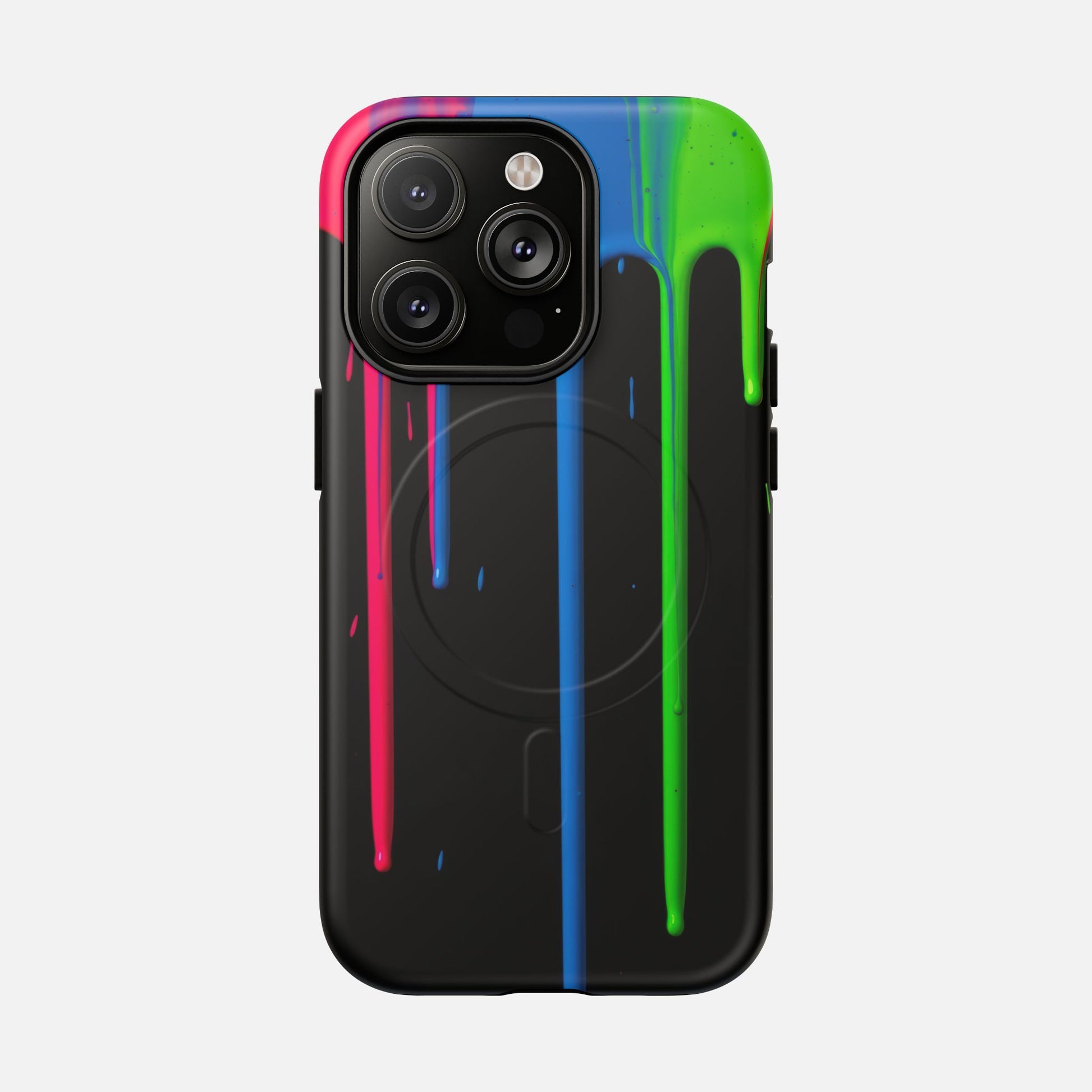 Neon Drip Tough Magnetic Case – Black Phone Cover with Bright Pink, Blue & Green Paint Drips iPhone 14 Pro Matte Phone Case