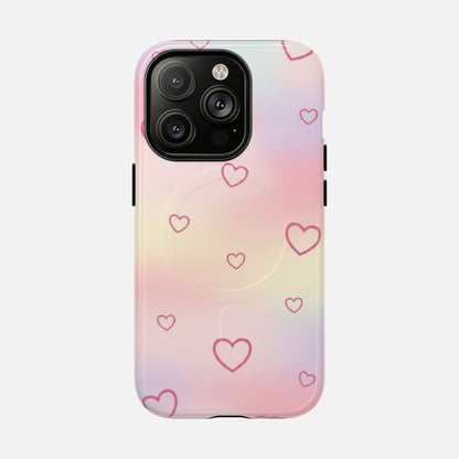 Pastel gradient phone case with pink heart pattern, compatible with iPhone 14 Pro Max