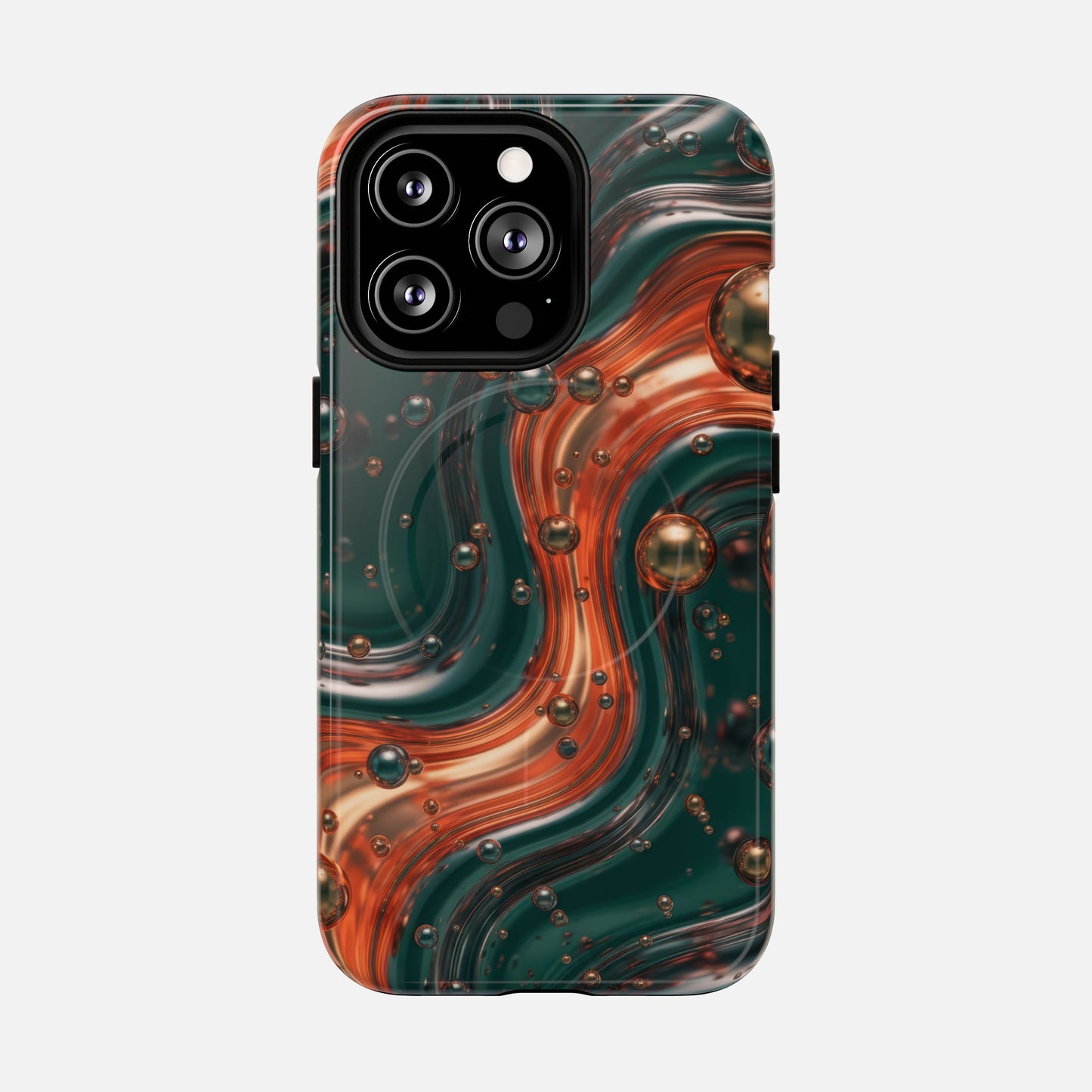 Emerald & Copper Liquid Swirl iPhone Case — Tough Magnetic | MagSafe Compatible