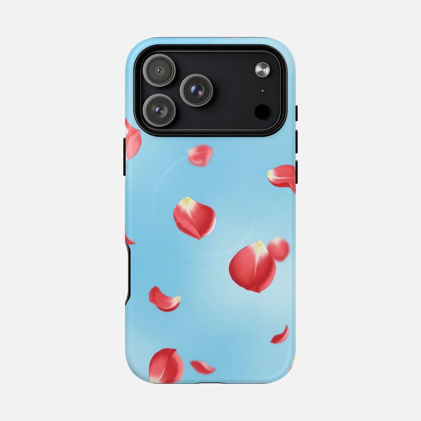 Light blue phone case with red rose petals design, modern floral pattern for iPhone
