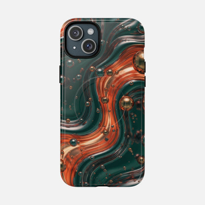 Magnetic Phone Case — Emerald & Copper Liquid Swirl Protective Cover iPhone 15 Plus Glossy Phone Case