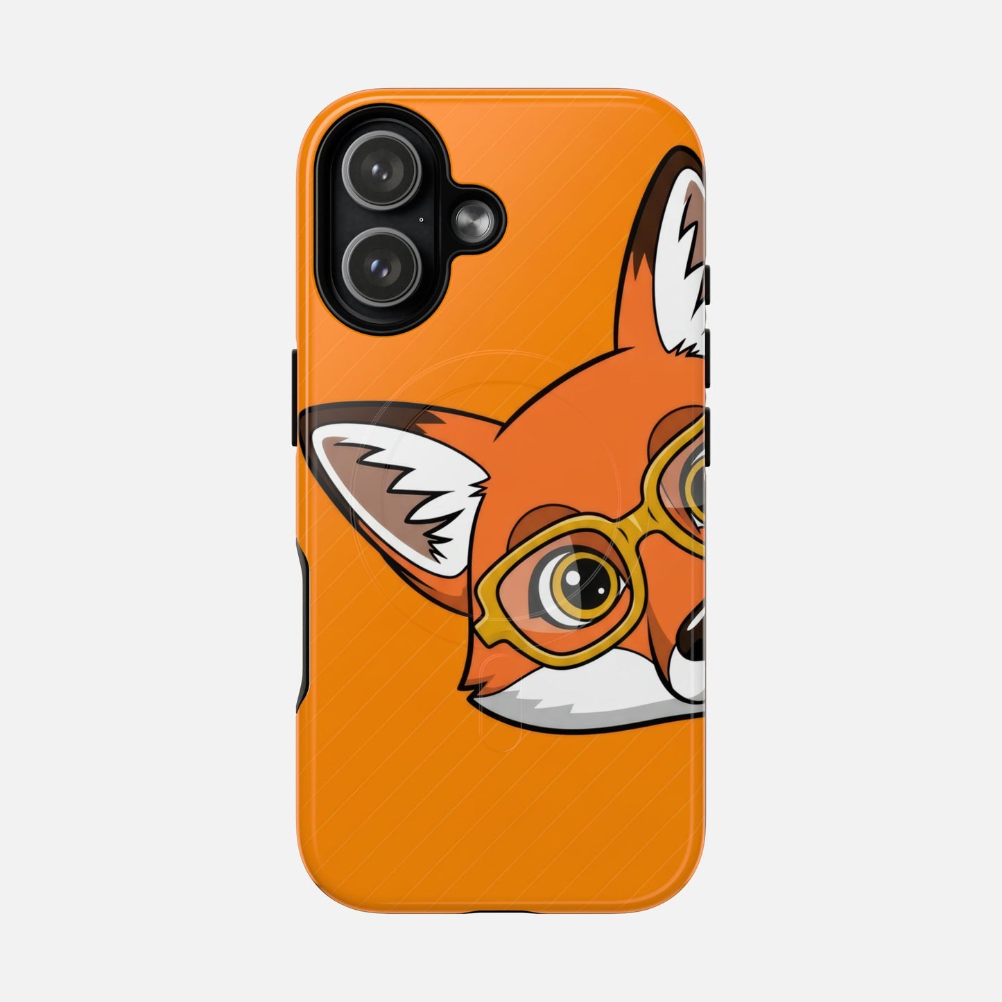 Cute fox with glasses phone case, orange background, creative design for iPhone