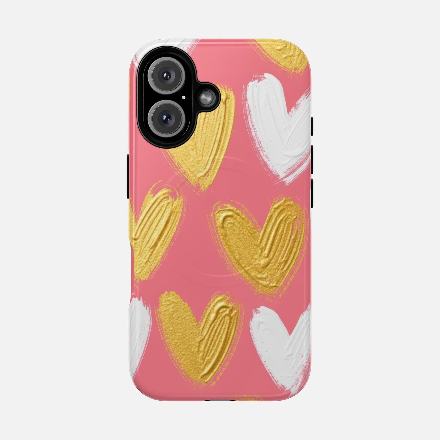 Phone Case — Pink Gold & White Heart Tough Magnetic Case iPhone 16 Glossy Phone Case