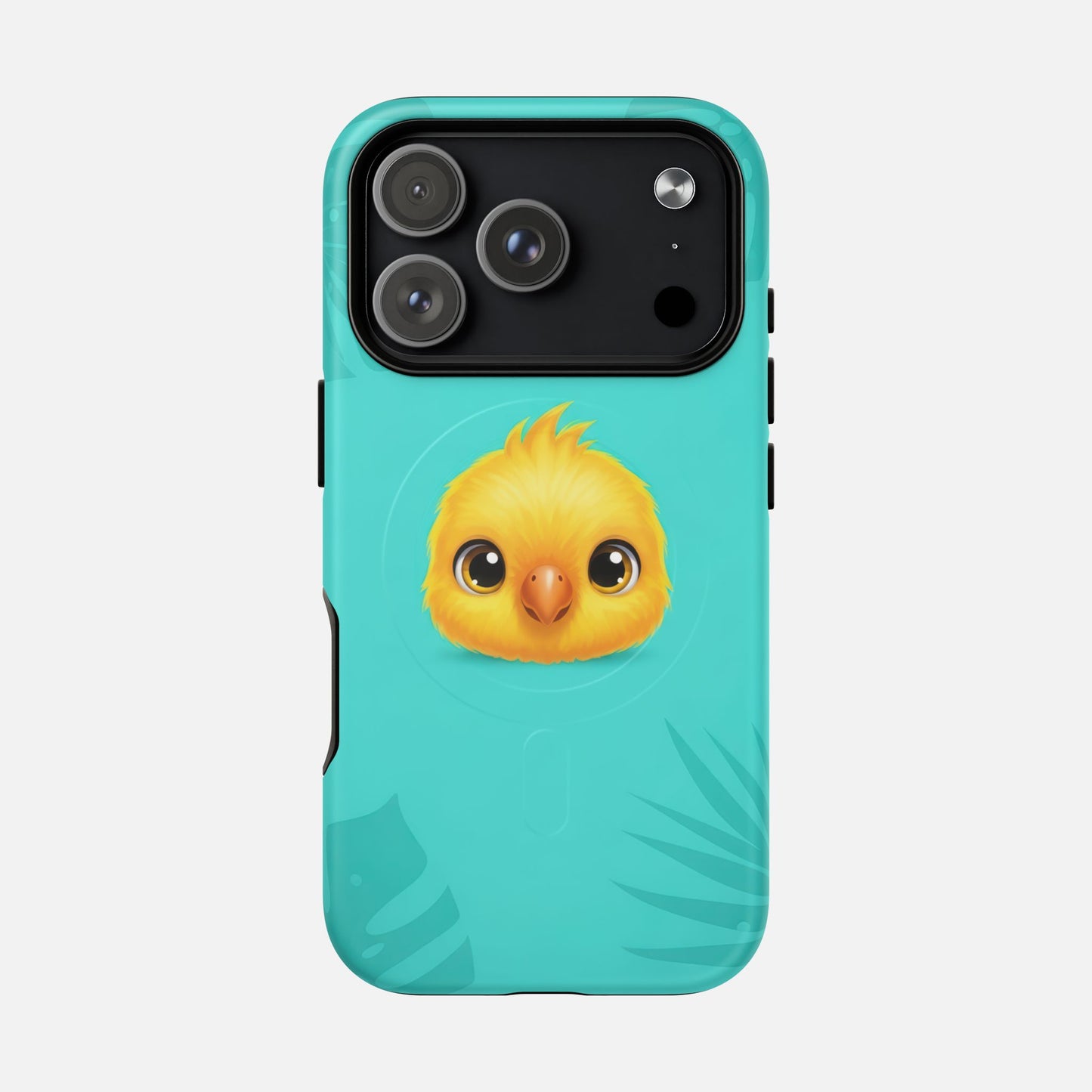 Cute yellow chick phone case with teal background and leaf pattern, featuring modern design and camera cutout