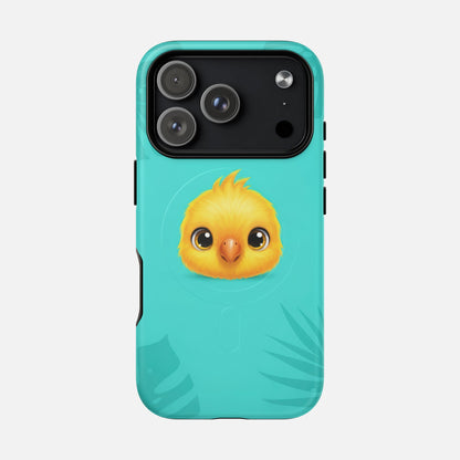 Cute yellow chick phone case with teal background and leaf pattern, featuring modern design and camera cutout