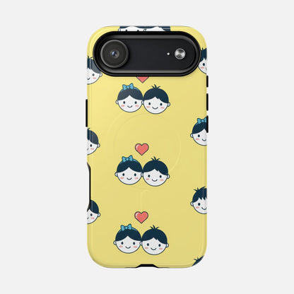 Cute Couple Pattern Yellow Heart-Faced Duo Design iPhone Case — Tough Magnetic | MagSafe Compatible