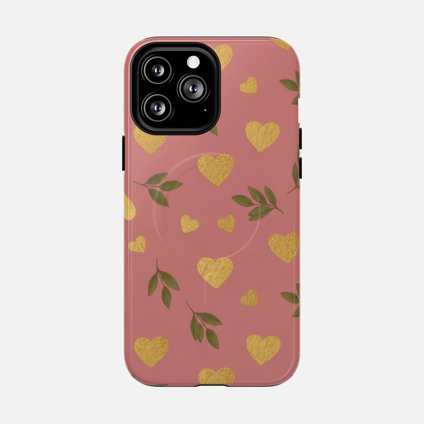 Pink phone case with gold glitter hearts and green leaves, stylish protective cover for iPhone