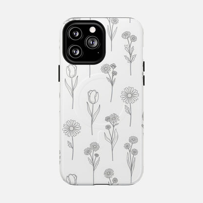 Floral Sketch Minimal Black Line Flower Design iPhone Case — Tough Magnetic | MagSafe Compatible
