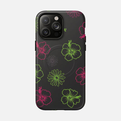 Neon Hibiscus Tough Magnetic Phone Case — Tropical Floral Protective Cover iPhone 14 Pro Max Matte Phone Case