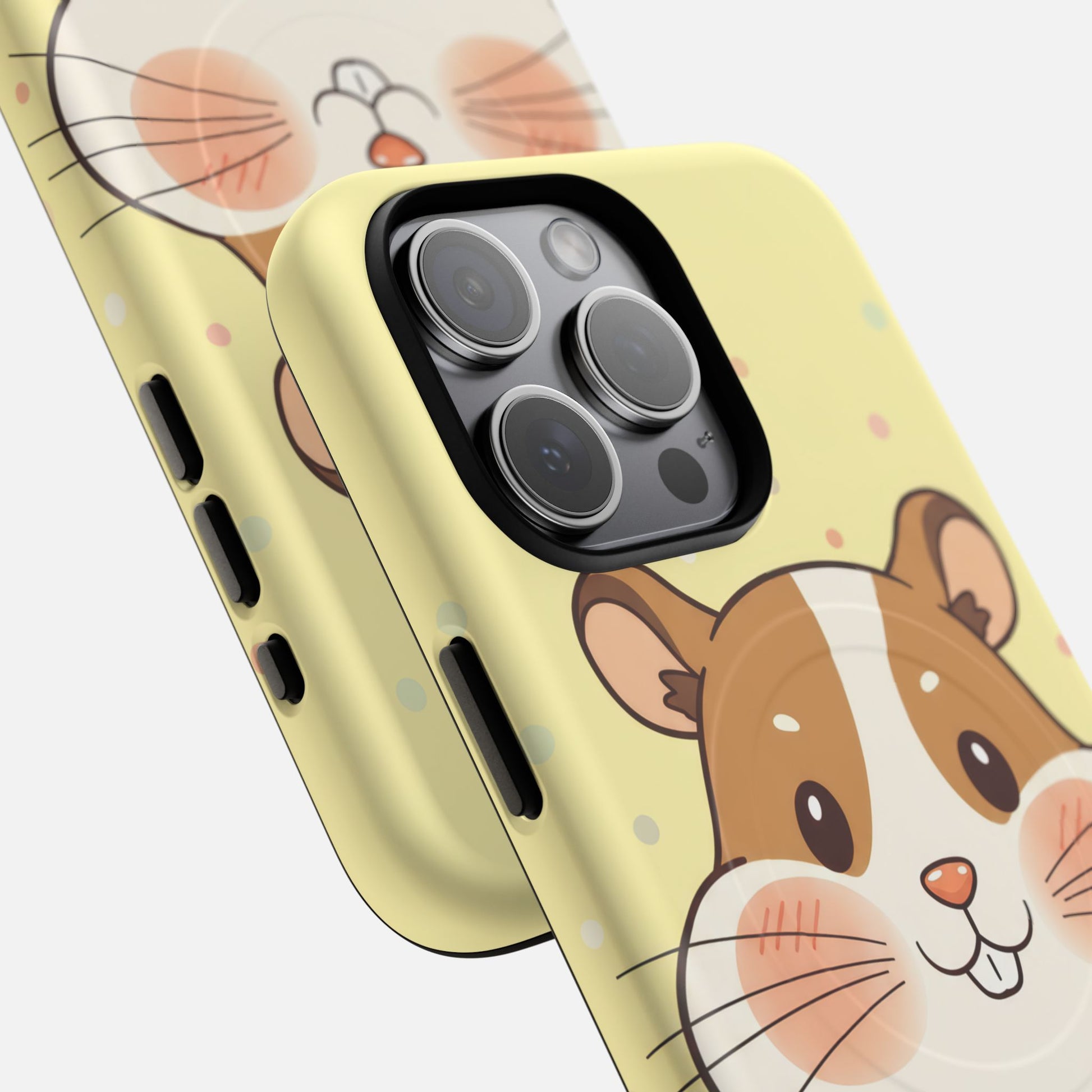 Cute hamster design phone case with soft yellow background and colorful polka dots, perfect for iPhone protection and style.