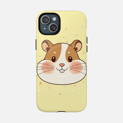 Cute hamster face phone case with pastel polka dots, perfect for animal lovers and stylish protection.
