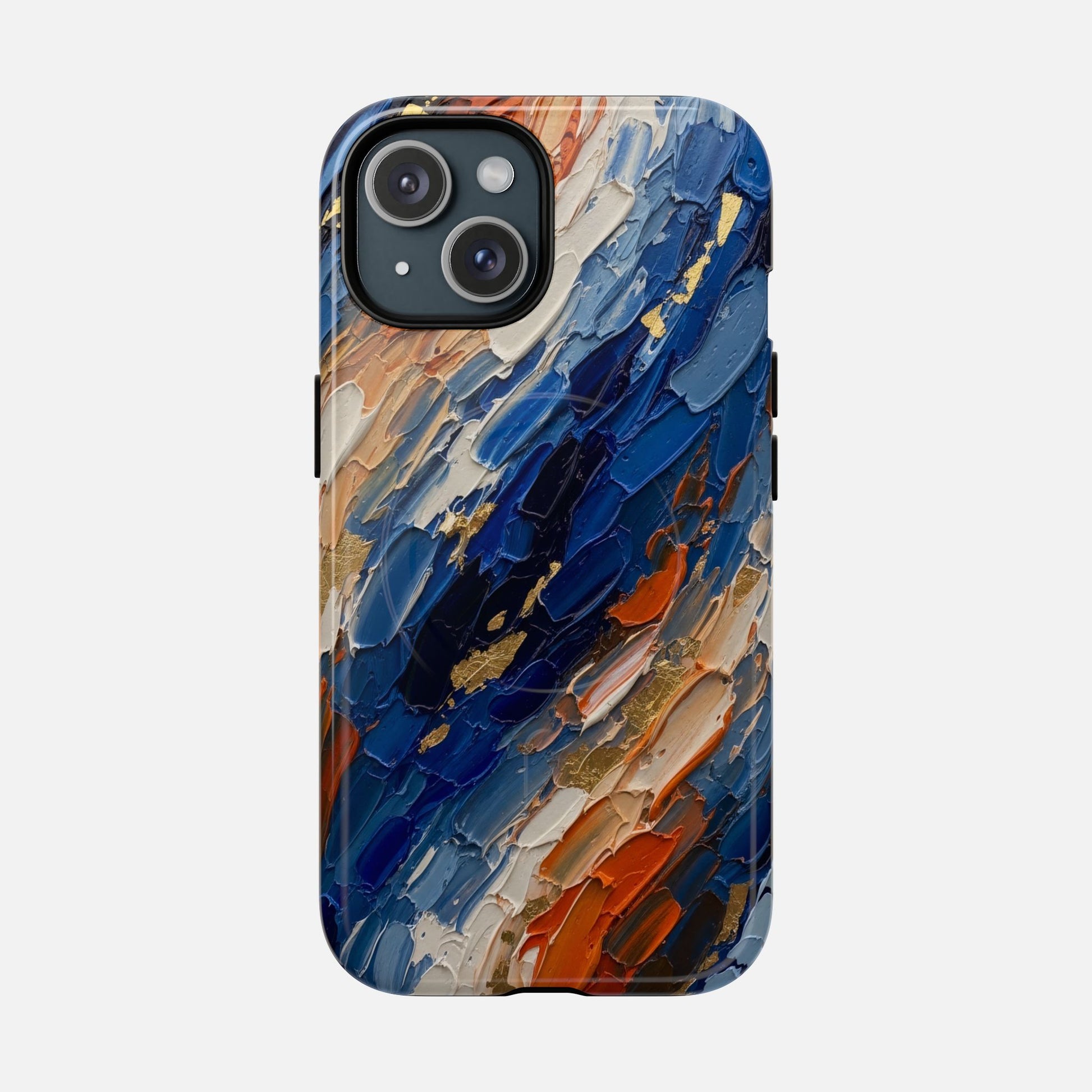 Magnetic Phone Case — Abstract Blue & Orange Paint Texture iPhone 15 Glossy Phone Case