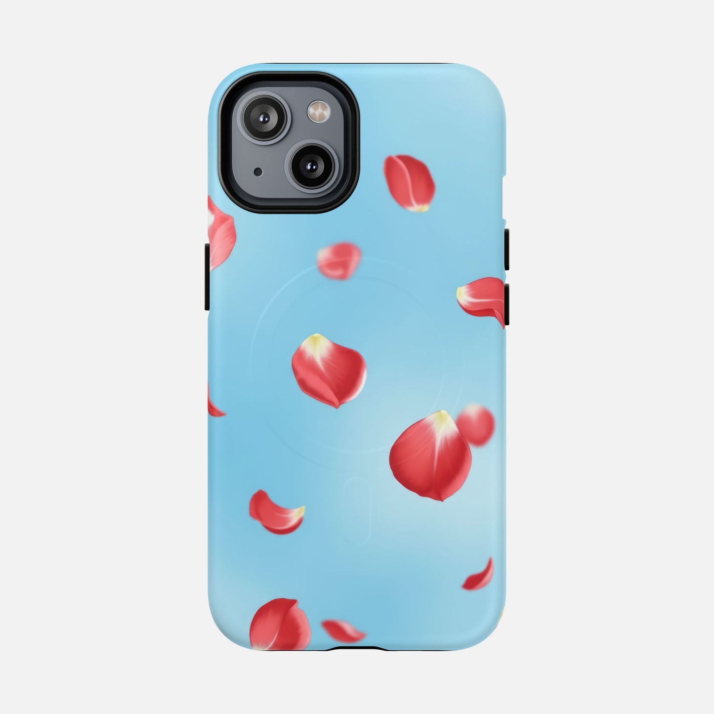 Light blue phone case with red rose petals design, stylish floral pattern for iPhone protection