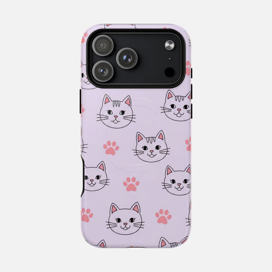 Cute Pink Cat Paw Tough Magnetic Phone Case — Cute Cat Faces Pattern iPhone 17 Pro Max Glossy Phone Case