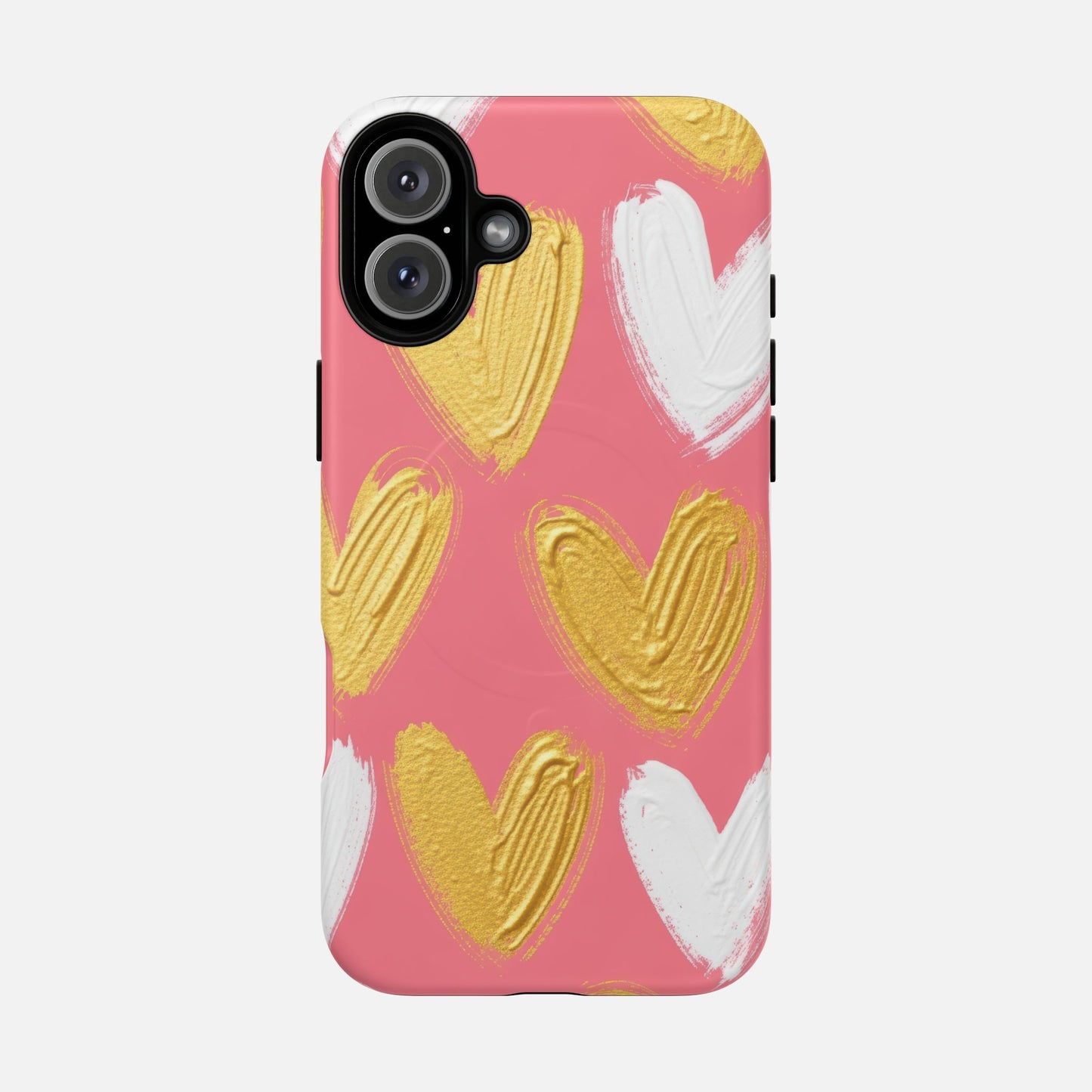 Phone Case — Pink Gold & White Heart Tough Magnetic Case iPhone 16 Plus Matte Phone Case