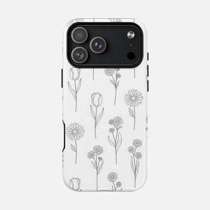Floral Sketch Minimal Black Line Flower Design iPhone Case — Tough Magnetic | MagSafe Compatible
