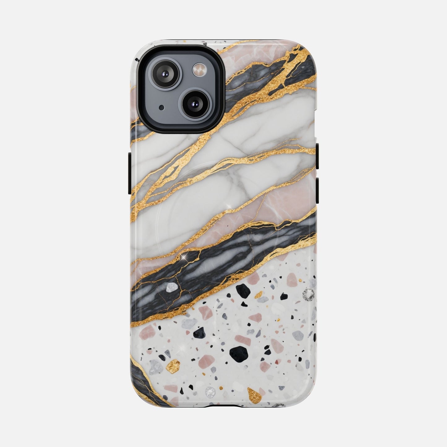 Elegant marble and gold phone case with terrazzo pattern, stylish protection for iPhone