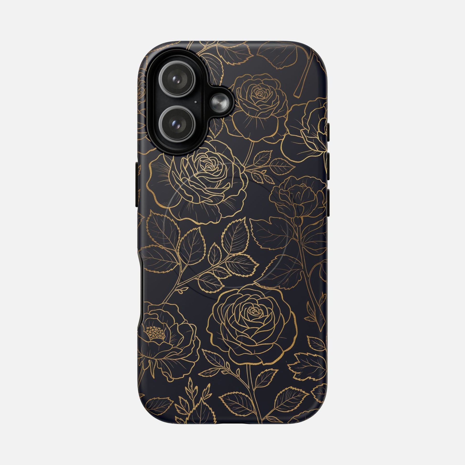 Floral Gold Outline Tough Magnetic Case — Elegant Black Rose Phone Cover iPhone 17 Matte Phone Case