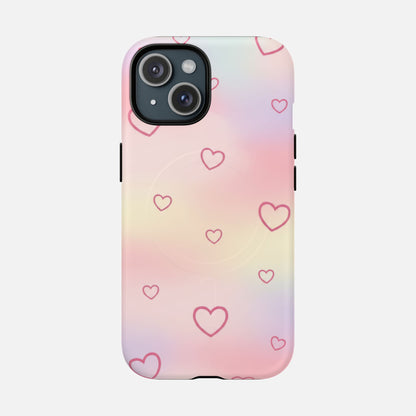 Pastel gradient phone case with pink heart pattern, stylish and protective design for iPhone