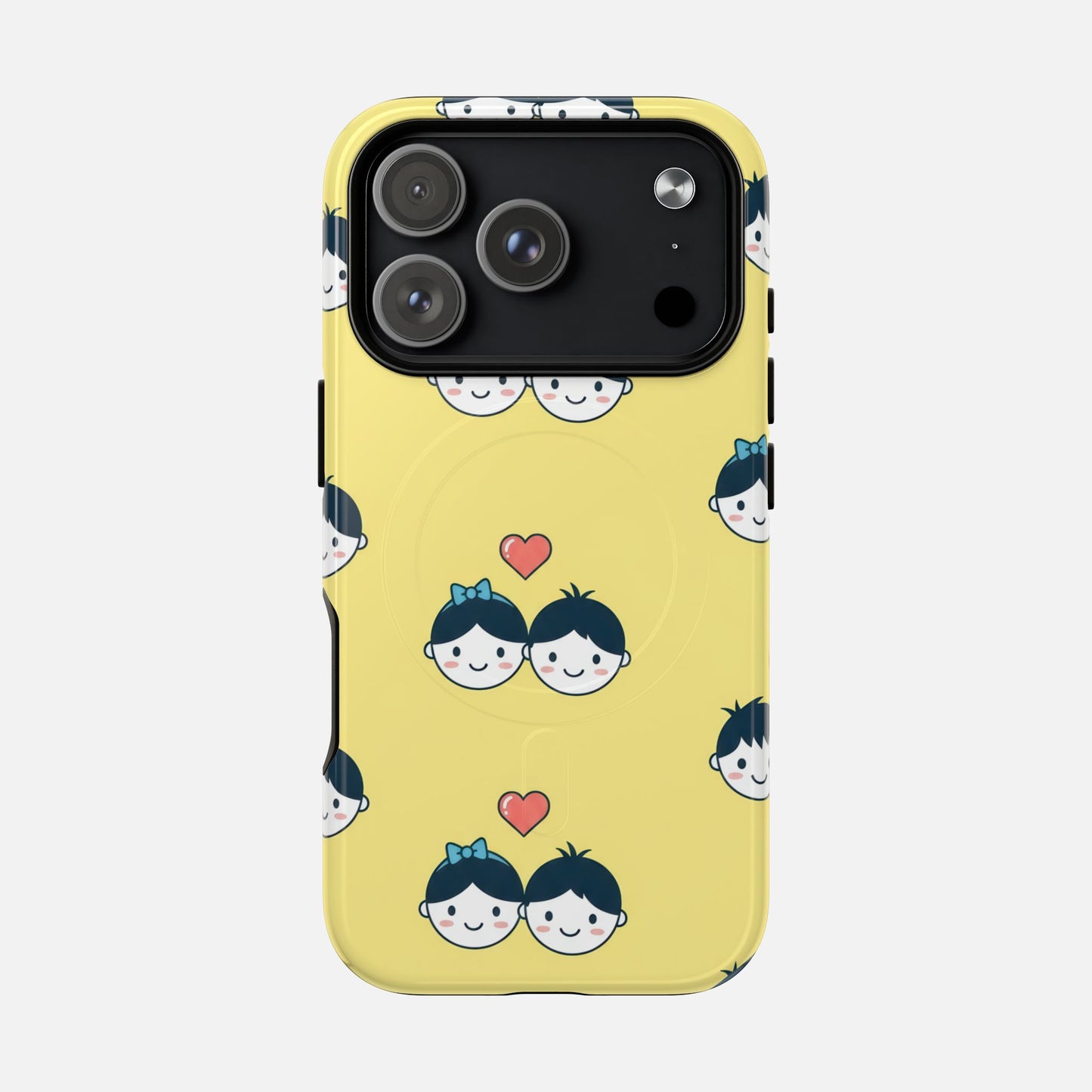 Cute Couple Pattern Yellow Heart-Faced Duo Design iPhone Case — Tough Magnetic | MagSafe Compatible