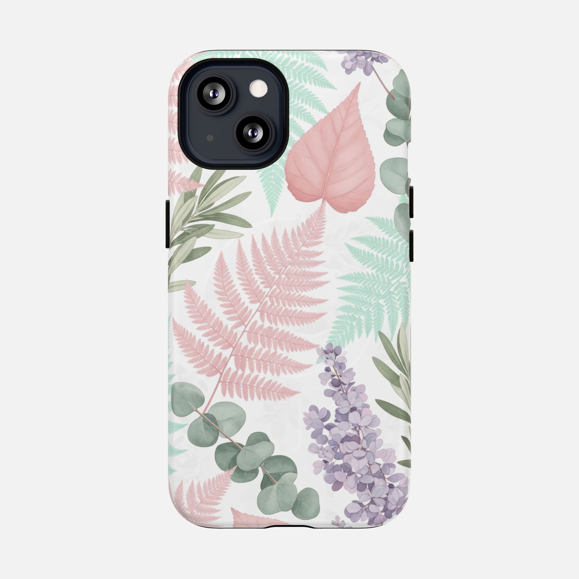 Floral Fern Tough Magnetic Phone Case — Pastel Leaves Protective Cover iPhone 13 Matte Phone Case