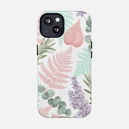 Floral Fern Tough Magnetic Phone Case — Pastel Leaves Protective Cover iPhone 13 Matte Phone Case