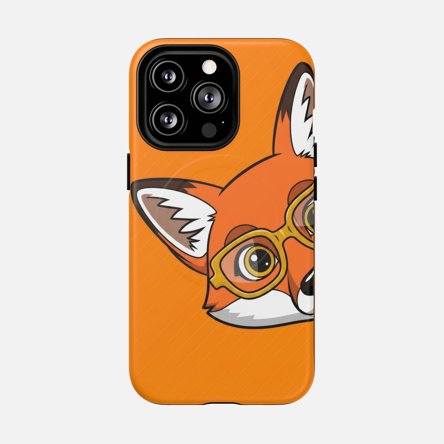 Cute fox with glasses phone case, orange background, creative design for iPhone