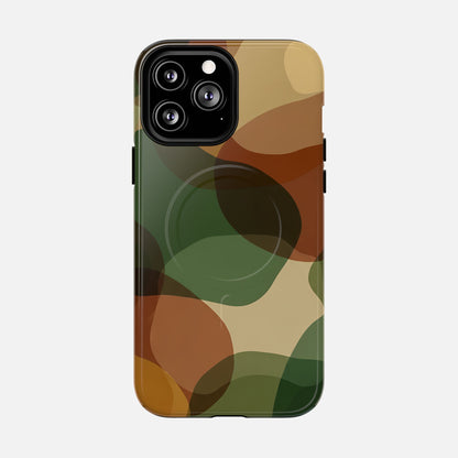 Camouflage phone case with green, brown, and tan abstract pattern for iPhone