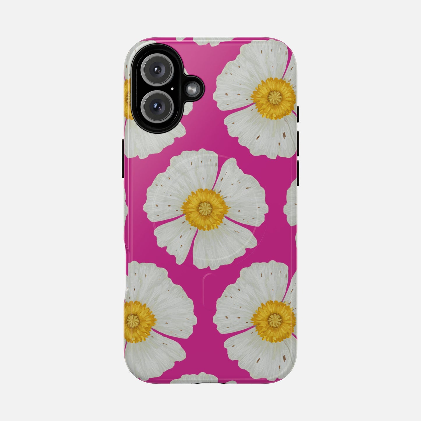 Vibrant pink phone case with white daisies and yellow centers, stylish floral design for iPhone