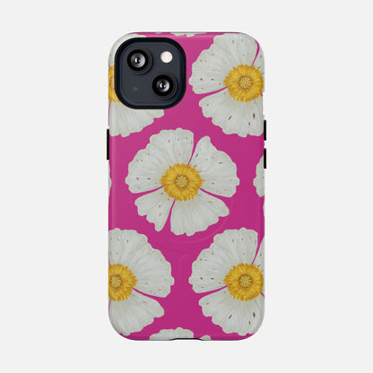 Vibrant pink phone case with white daisy flowers and yellow centers, stylish floral design for iPhone