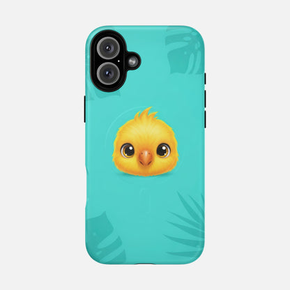 Cute yellow chick phone case with tropical leaf design on teal background, creative animal print for iPhone