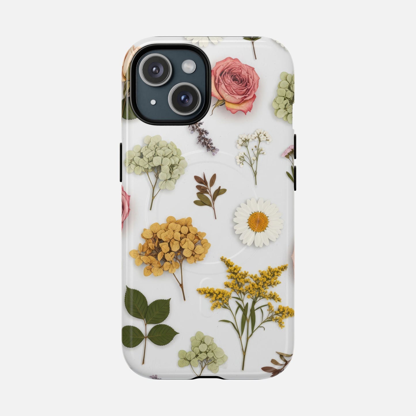 Floral Pressed Flower Tough Magnetic Phone Case — Botanical Dried Flowers Design iPhone 15 Glossy Phone Case