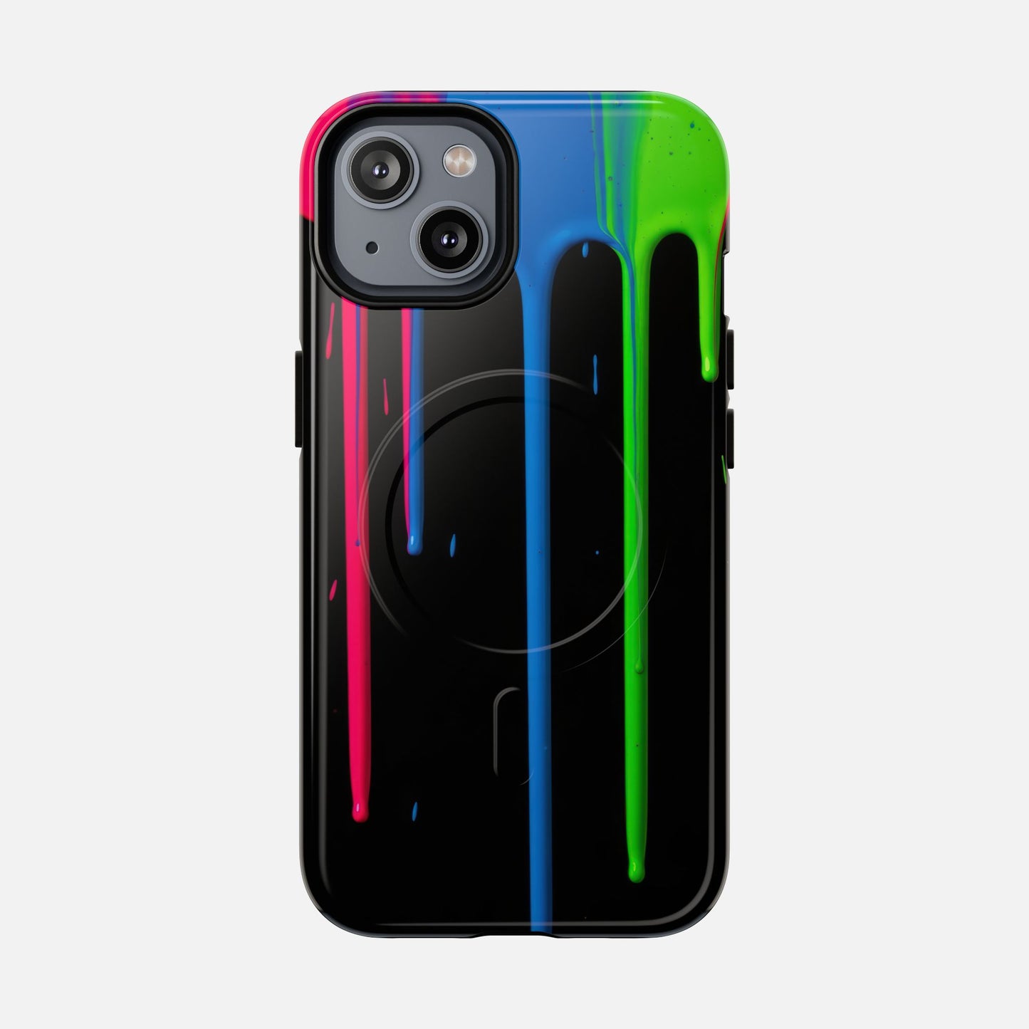 Neon Drip Tough Magnetic Case – Black Phone Cover with Bright Pink, Blue & Green Paint Drips iPhone 14 Glossy Phone Case